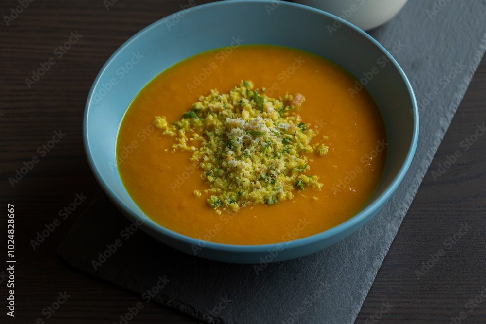Carrot Soup with Coconut in a Blue Bowl - Close-Up Carrot Soup with Coconut in a Blue Bowl - Close-Up