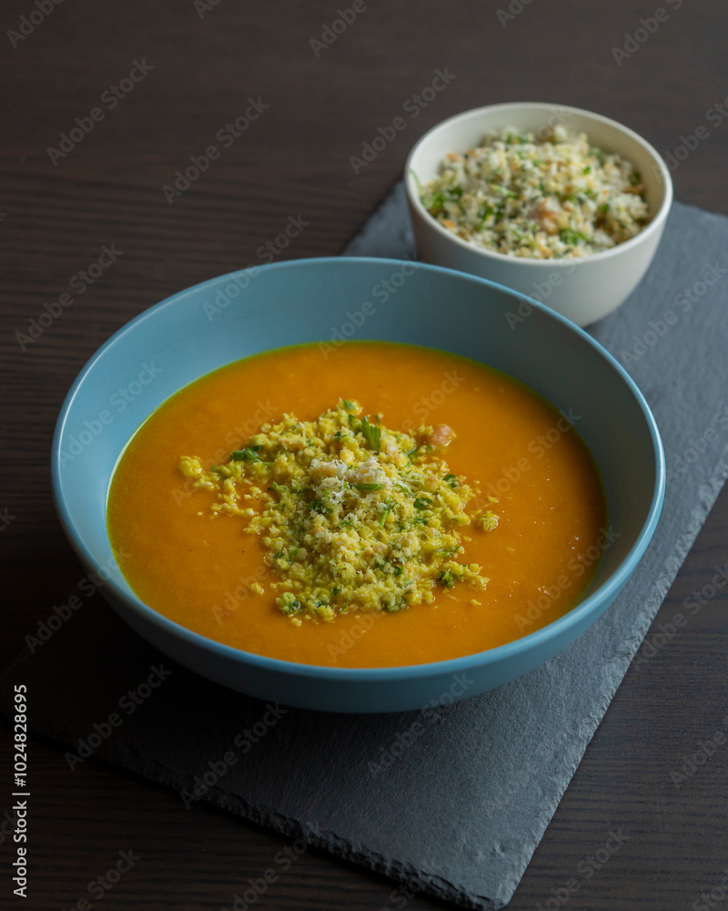 Carrot Soup with Coconut in a Blue Bowl - Close-Up Carrot Soup with Coconut in a Blue Bowl - Close-Up