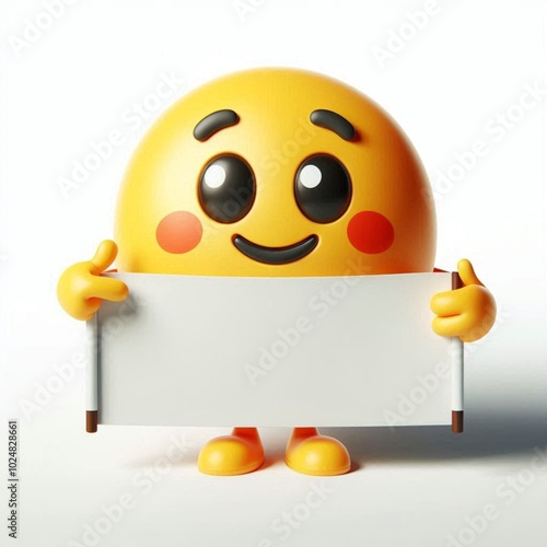 Yellow smile round face character with message banner template. white background