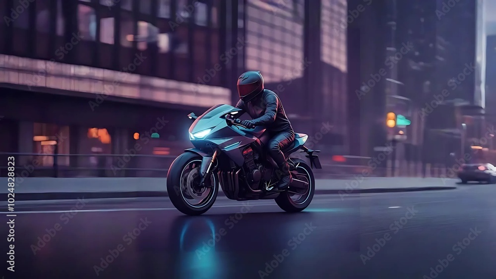 A man confidently rides a motorcycle down a bustling city street, surrounded by urban scenery. A man confidently rides a motorcycle down a bustling city street, surrounded by urban scenery.
