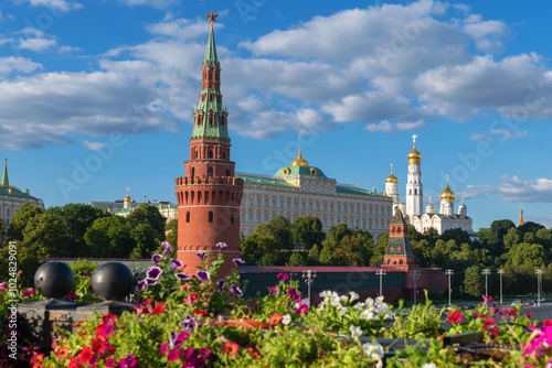 View of the Vodovzvodnaya Tower, the building of the Grand Kremlin Palace and the Kremlin Church on a summer day