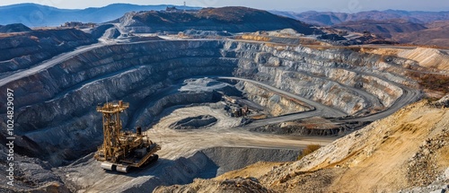 A massive silver mine stretching across a rugged landscape with heavy machinery and processing plants