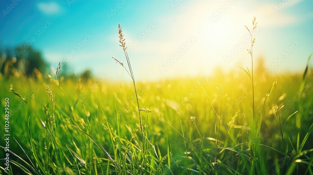 Sunlit meadow with tall green grass under the blue summer sky, with space for text Sunlit meadow with tall green grass under the blue summer sky, with space for text