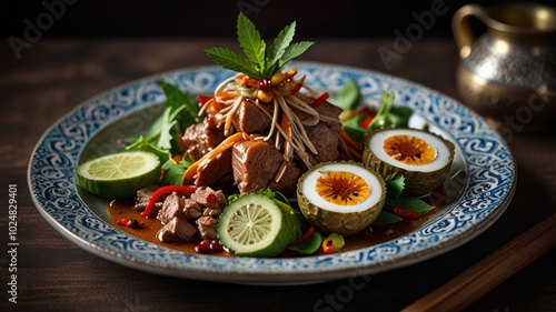 A plate of Thai food with meat, vegetables, and a side of eggs.