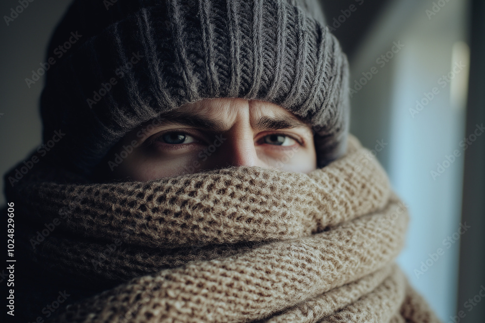 A person with a sore throat, wrapped in a warm scarf A person with a sore throat, wrapped in a warm scarf