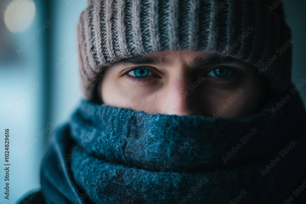 A person with a sore throat, wrapped in a warm scarf A person with a sore throat, wrapped in a warm scarf