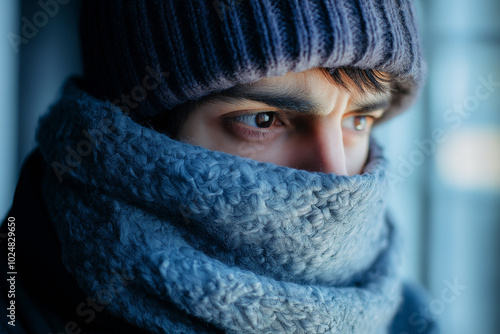 A person with a sore throat, wrapped in a warm scarf