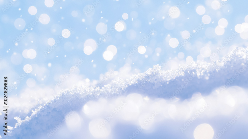 Fototapeta premium Bright sunlight reflecting off freshly fallen snow, creating a sparkling and pure winter landscape. Close-up of snowflakes in soft focus with a bokeh effect.