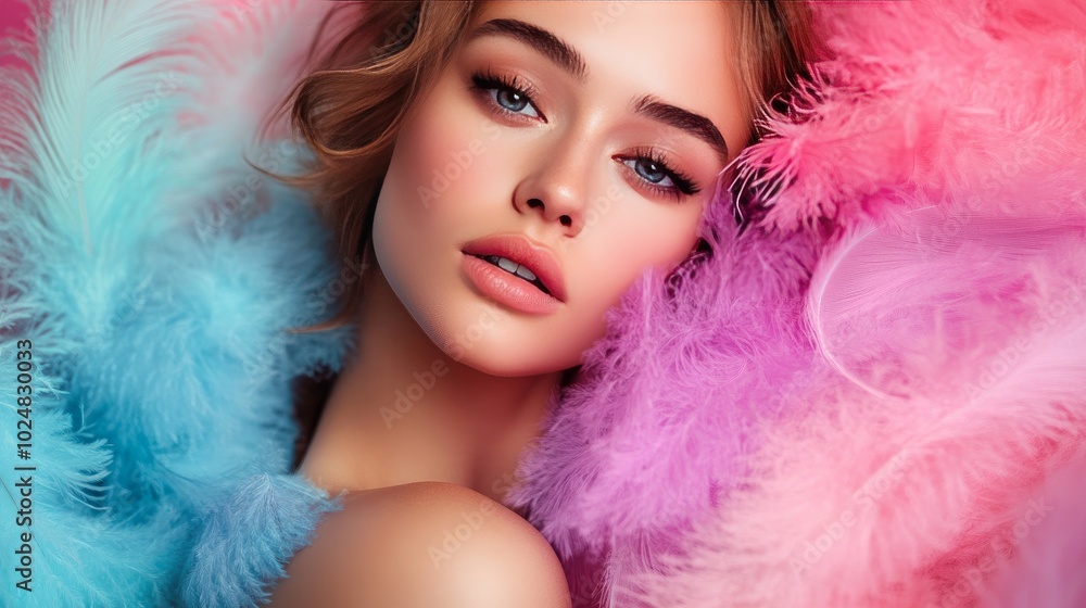 A stunning young lady with fluffy feathers on a vibrant backdrop. The picture's idea is epilation, or the removal of undesirable body hair. A stunning young lady with fluffy feathers on a vibrant backdrop. The picture's idea is epilation, or the removal of undesirable body hair.