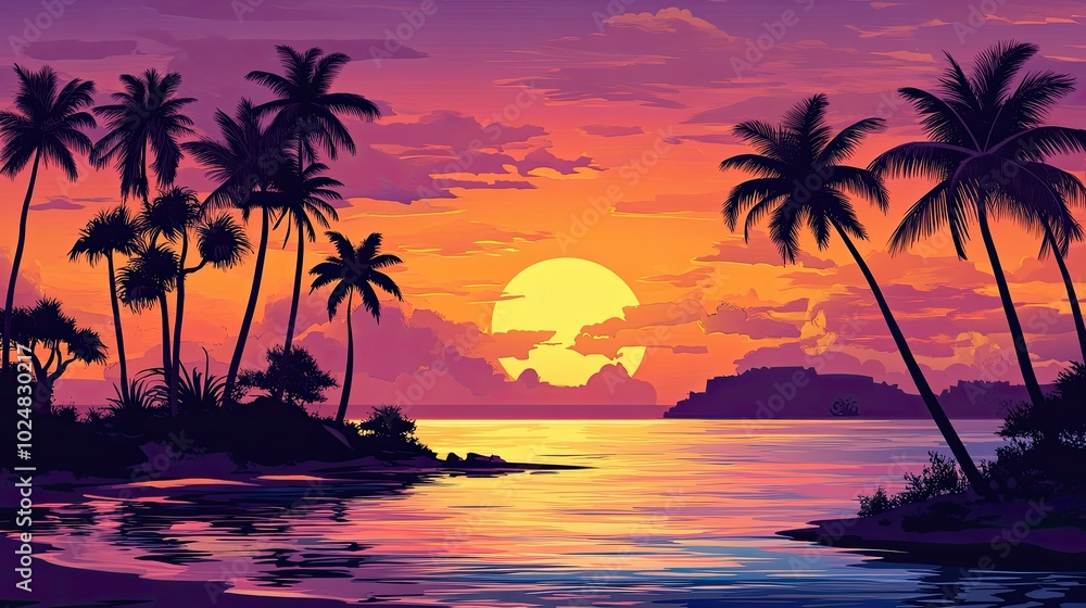 Tropical island at sunset, with palm trees and space for copy in the sky Tropical island at sunset, with palm trees and space for copy in the sky