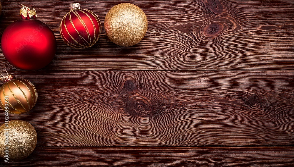 red and gold christmas ornament corner border banner above view on a rustic wood background red and gold christmas ornament corner border banner above view on a rustic wood background