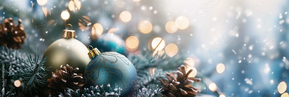 Christmas ornaments on pine branches with snow and bokeh lights banner Christmas ornaments on pine branches with snow and bokeh lights banner