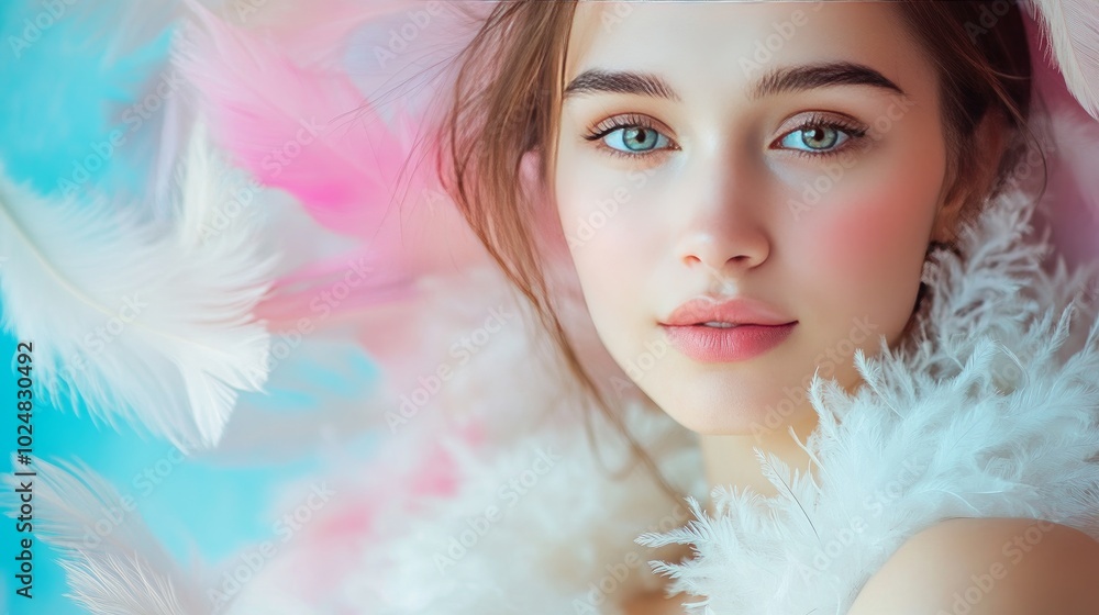 A stunning young lady with fluffy feathers on a vibrant backdrop. The picture's idea is epilation, or the removal of undesirable body hair. A stunning young lady with fluffy feathers on a vibrant backdrop. The picture's idea is epilation, or the removal of undesirable body hair.