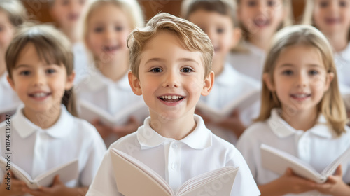 Smiling children in white uniforms singing together in a choir, holding songbooks and standing in rows during a performance photo