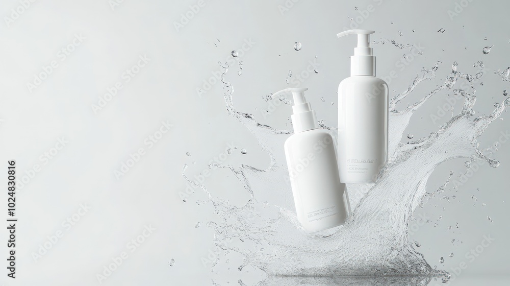Two white pump bottles with water splash on white background. Two white pump bottles with water splash on white background.