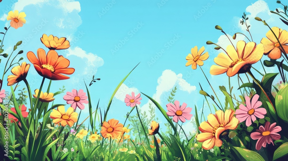 Vibrant summer flowers blooming in a park, with room for text in the blue sky Vibrant summer flowers blooming in a park, with room for text in the blue sky