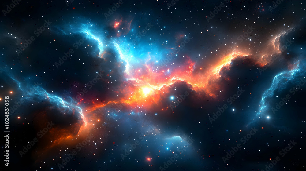 A vibrant cosmic nebula filled with stars and colorful gases. A vibrant cosmic nebula filled with stars and colorful gases.