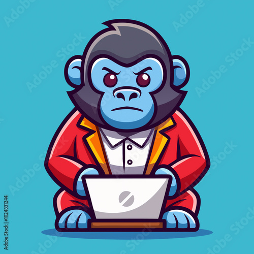 Adorable Gorilla Cartoon Illustration with Laptop for Flex Printing, Banners, and Creative Projects photo