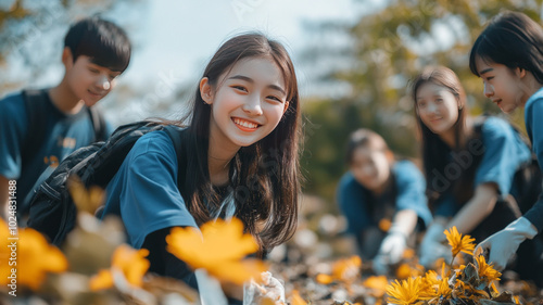 asian students doing volunteer work, picking up trash, smiling and happy