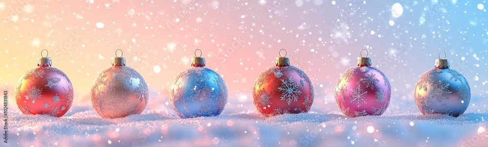 Christmas ornaments in a row on a snowy surface Christmas ornaments in a row on a snowy surface