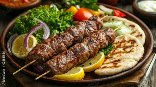 A mouthwatering dish of pork kabab topped with lettuce, pita bread, onion, tomato, and saffron.