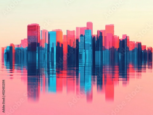 A vibrant city skyline reflected in water, showcasing neon colors and a surreal atmosphere at sunset.