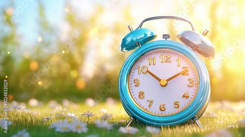 Blue alarm clock on grass with flowers in sunny morning light