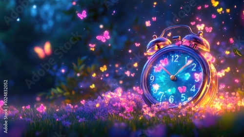 Magical clock in enchanted garden with glowing butterflies at dusk