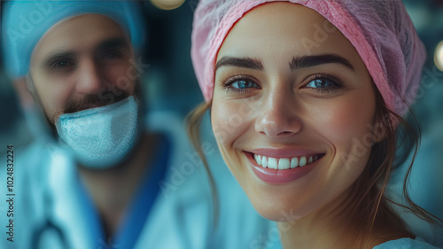 a woman in the hospital receiving oncological care with a doctor, both have happy expressions photo