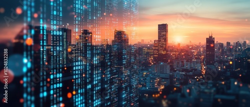 A city skyline where digital codes turn into scammer profiles and cyber fraud activity