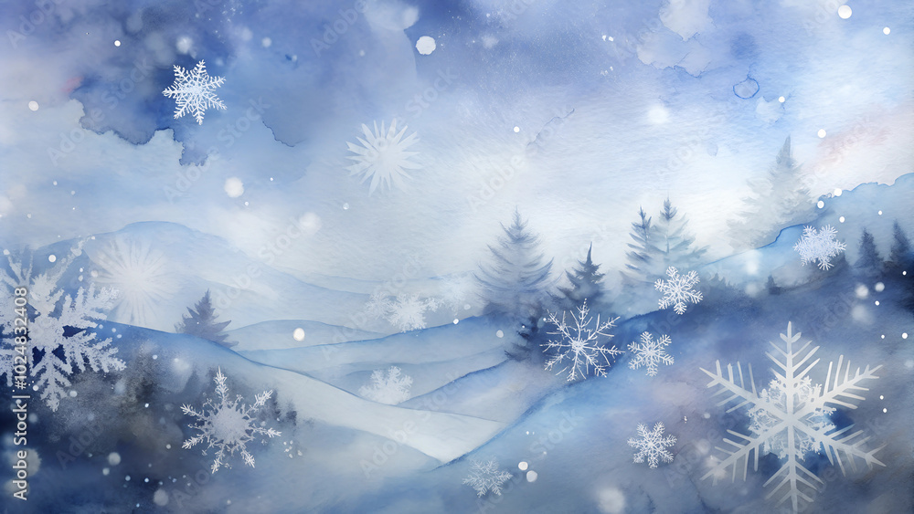 Dreamy winter wonderland with delicate snowflakes and soft blue hues in a watercolor style Dreamy winter wonderland with delicate snowflakes and soft blue hues in a watercolor style