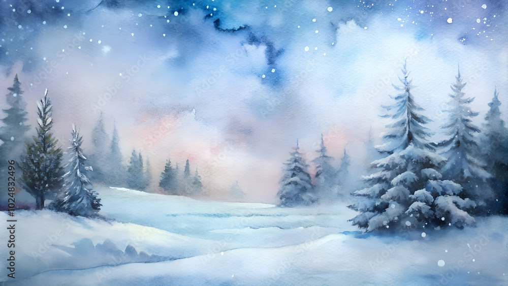Snowy winter landscape with evergreen trees under a serene and dreamy atmosphere Snowy winter landscape with evergreen trees under a serene and dreamy atmosphere