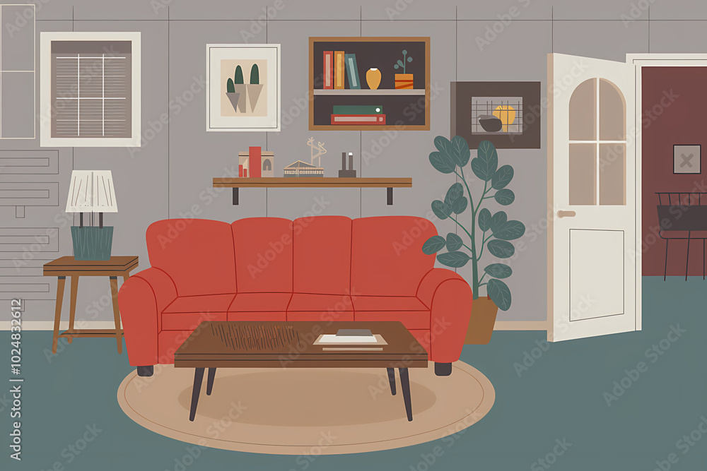 An illustration of a living room with a red couch, a green plant, and a wooden coffee table. The room has a beige rug and a gray wall with a few decorations. There's a doorway leading to another room. An illustration of a living room with a red couch, a green plant, and a wooden coffee table. The room has a beige rug and a gray wall with a few decorations. There's a doorway leading to another room.