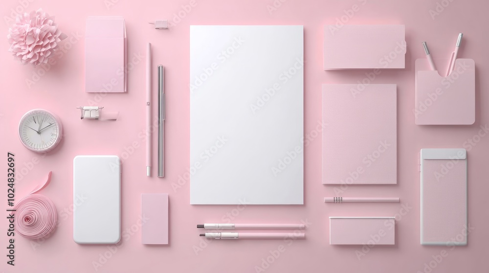 A flat lay of office supplies, stationery, and electronics on a pink background, including a pen, paper, a notepad, a phone, and a pink flower. A flat lay of office supplies, stationery, and electronics on a pink background, including a pen, paper, a notepad, a phone, and a pink flower.