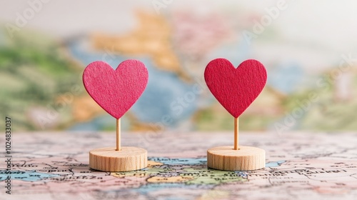 Fototapeta Naklejka Na Ścianę i Meble -  Romantic destinations with heart-shaped landmarks on world map background