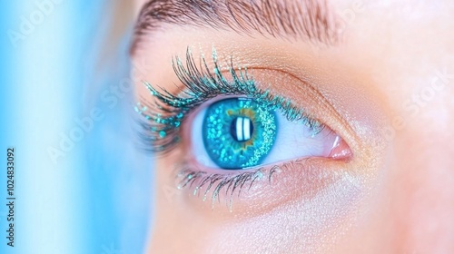 Close-up of a blue eye with glitter on eyelashes and makeup details