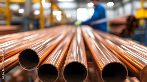 Obraz na płótnie Close-up view of copper pipes arranged neatly in a manufacturing facility, highlighting the shiny surface and the intricate details of the metal, showcasing industrial craftsmanshi w salonie