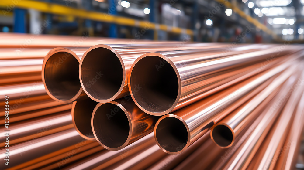 Close-up view of shiny copper pipes stacked in a factory, showcasing their cylindrical shape and smooth surface, reflecting ambient light. Close-up view of shiny copper pipes stacked in a factory, showcasing their cylindrical shape and smooth surface, reflecting ambient light.