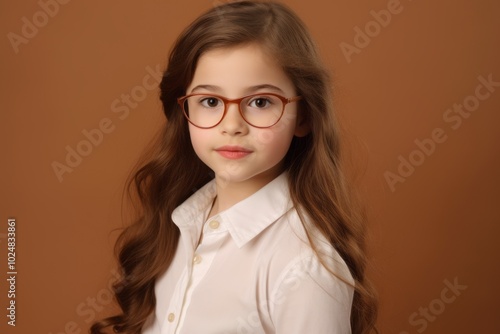 Portrait of a cute little girl in glasses on a brown background