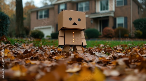 Person wearing a homemade cardboard robot costume with LED lights attached walking through autumn leaves in suburban neighborhood