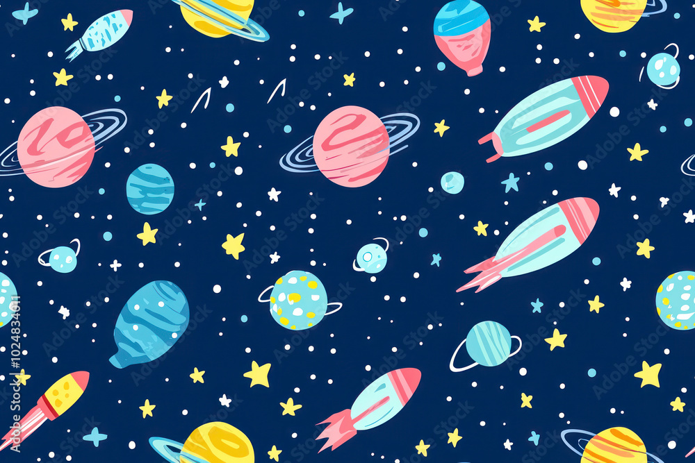 Cartoon space seamless pattern on blue background. Space background. Cartoon space seamless pattern on blue background. Space background.