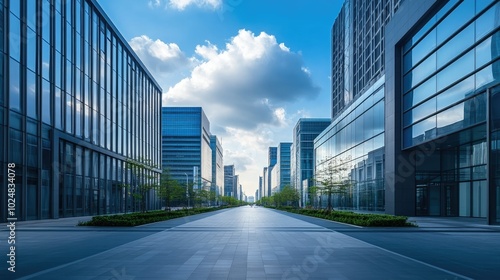 A cityscape featuring modern buildings, with empty sky for copy and no pedestrians or vehicles