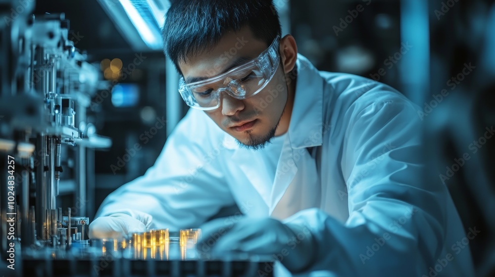 A focused technician in a white lab coat and safety goggles works on a complex piece of machinery in a dimly lit laboratory. A focused technician in a white lab coat and safety goggles works on a complex piece of machinery in a dimly lit laboratory.