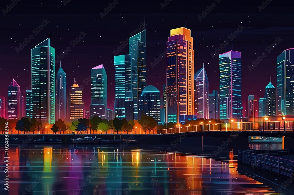 Fototapeta premium Vector modern megapolis on river at night. Bright glowing buildings, boardwalk and bridge in cartoon style. 