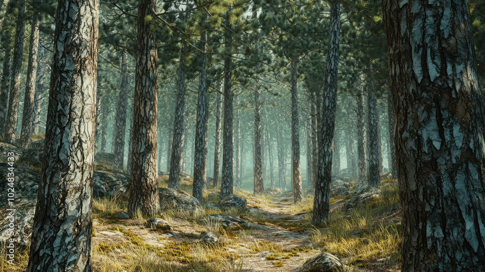 Obraz premium Dense 3D Pine Forest Scene with Layers of Trees