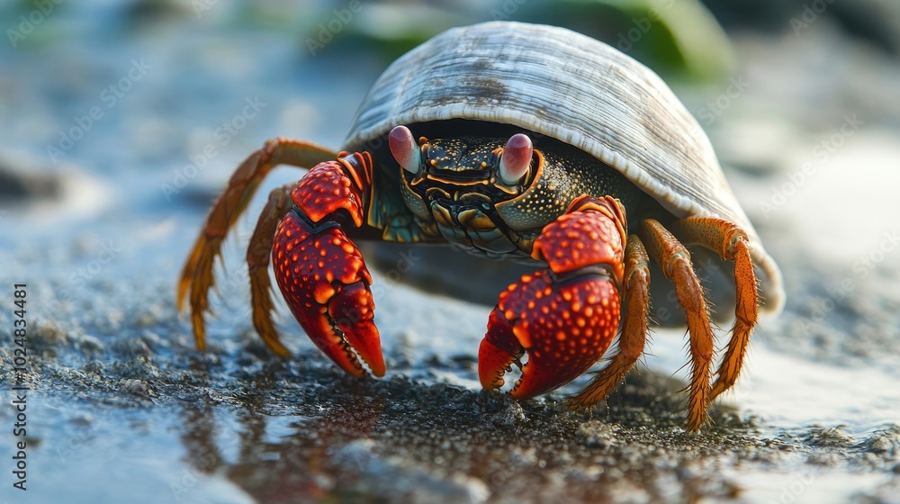 A close-up of a hermit crab moving along the shore, with ample blank area for copy in the scene A close-up of a hermit crab moving along the shore, with ample blank area for copy in the scene