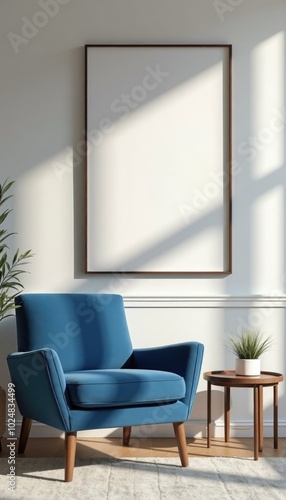 minimalistic interrior desighn with blue chair and blank canvas mockup on a wall. A 3D render of a minimalist living room with a blue velvet chair and a large square picture frame on a wall