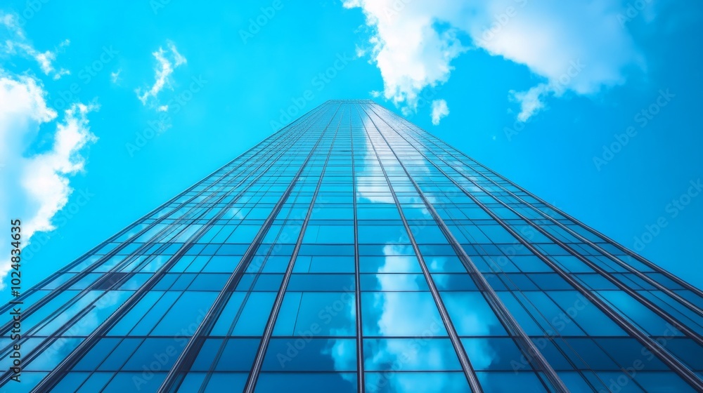 A tall building with a clear blue sky in the background A tall building with a clear blue sky in the background