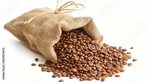 Unroasted Coffee Beans in Burlap Sack Isolated Background