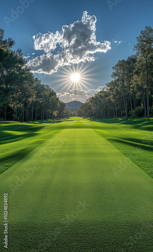 Empty golf course on a summer day, looking straight down fairway
